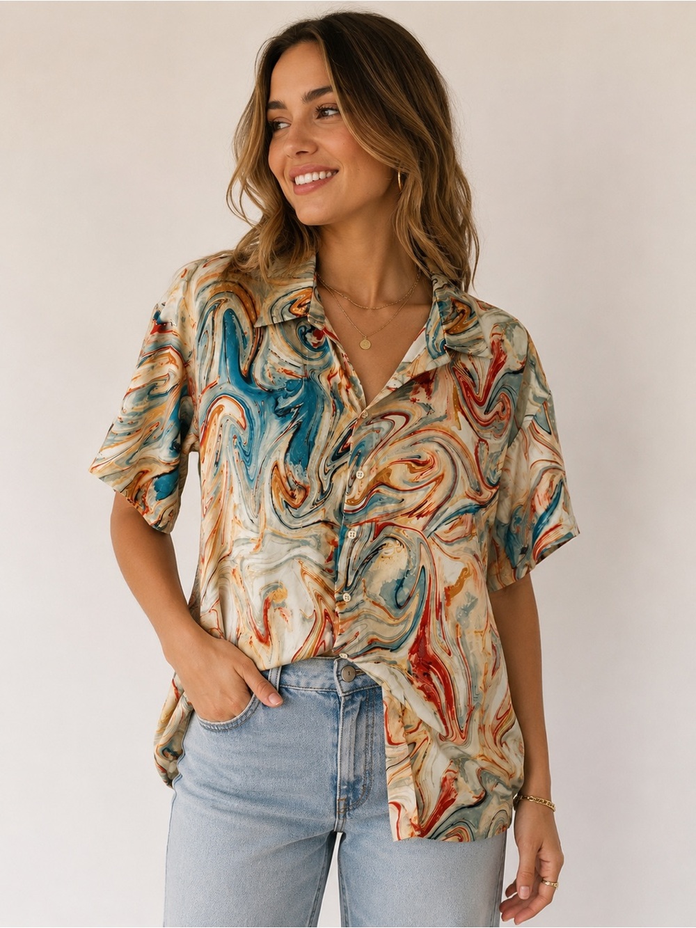 Abstract Marble Swirl Button Up Blouse Art Print Shirt 12th Tribe S